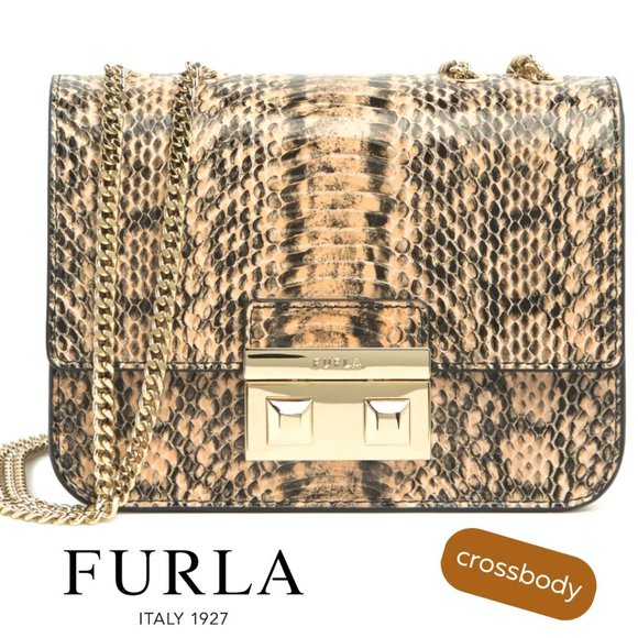 Furla Handbags - NWT Furla Bella Mini Crossbody Flap Bag Toni Cappuccino Reptile Chain Strap Tan